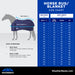 A Horse Rug/Blanket size chart by WeatherBeeta showing a side profile horse diagram with labeled back seam, body length, and back measurement columns, plus a blue measurement table on the right.