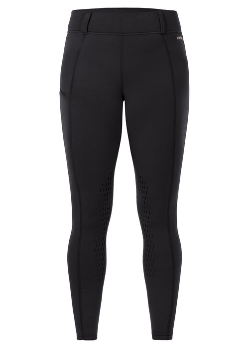 A pair of black Kerrits riding tights against a white background. 