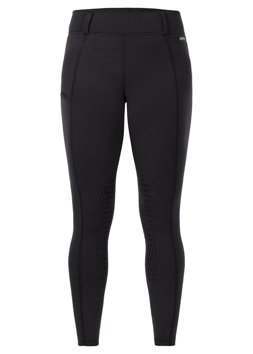 A pair of black Kerrits riding tights against a white background. 