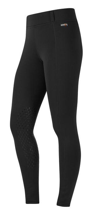 A side view of a pair of black Kerrits riding tights featuring a view of the silicone knee patches at the knee.