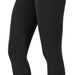 A side view of a pair of black Kerrits riding tights featuring a view of the silicone knee patches at the knee.