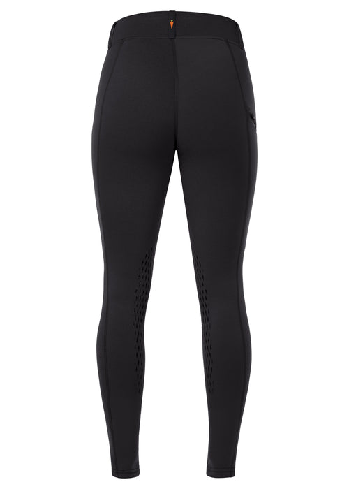 Black high-waisted equestrian riding tights with side ventilation perforations on the thighs, shown from the back against a white background.