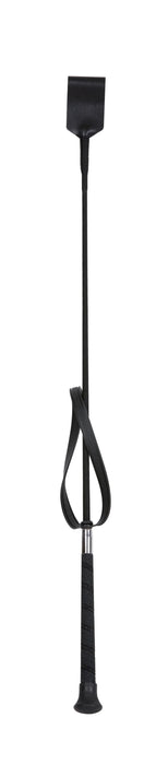 A black riding crop with a rectangular head, a wrist strap, and a textured grip, shown against a plain white background.