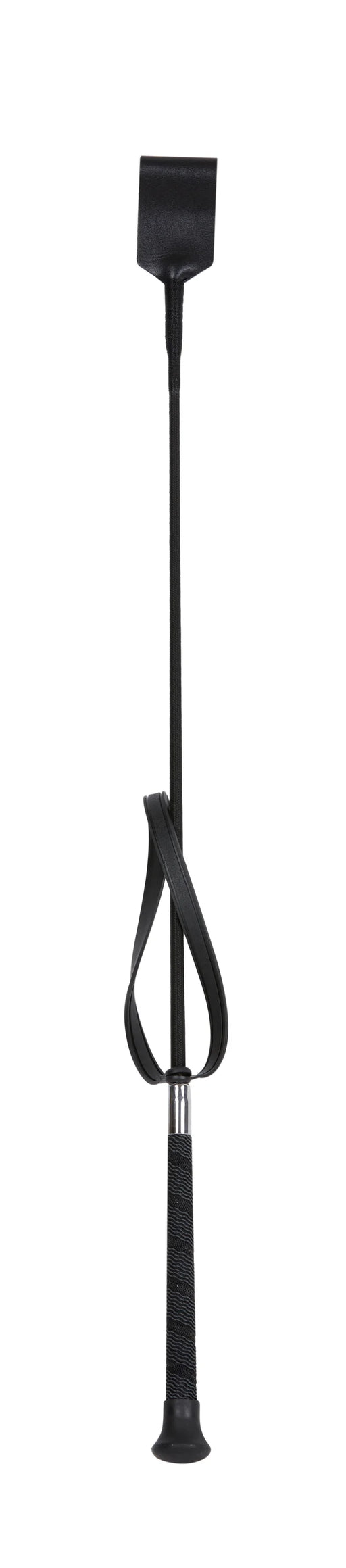 A black riding crop with a rectangular head, a wrist strap, and a textured grip, shown against a plain white background.