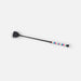 A black equestrian riding crop with a colorful striped handle, shown diagonally on a light gray background.