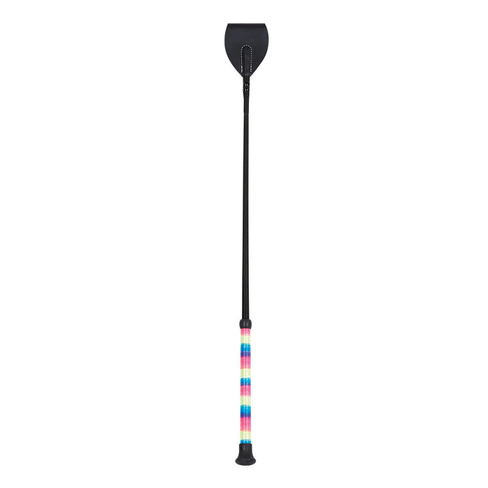 A long black riding crop or equestrian staff with a colorful striped grip section in pink, blue, yellow, and white, shown against a plain white background.