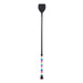 A long black riding crop or equestrian staff with a colorful striped grip section in pink, blue, yellow, and white, shown against a plain white background.