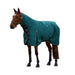 Horse wearing a forest green quilted blanket on a white background