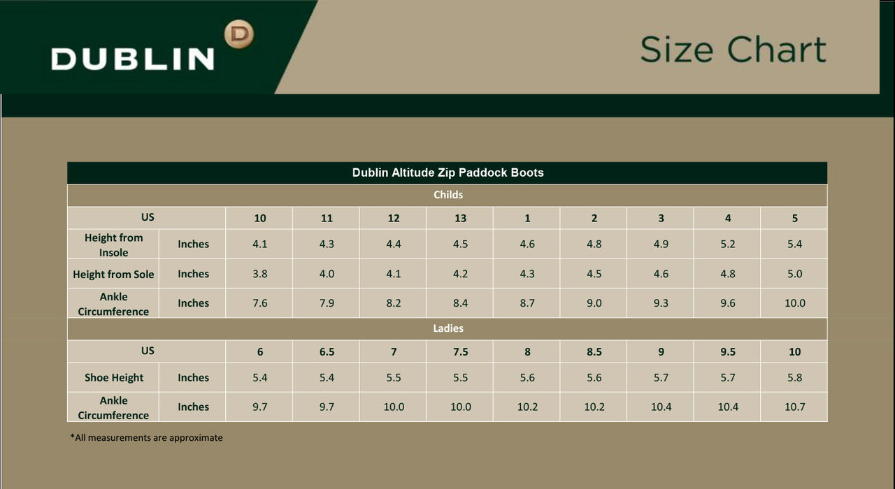 A size chart graphic for Dublin Altitude Zip Paddock Boots, showing measurements in US and UK sizes for children and adults. The chart features a dark green and beige design with a detailed table listing height from insole, height from sole, ankle circumference, shoe height, and ankle circumference in inches.