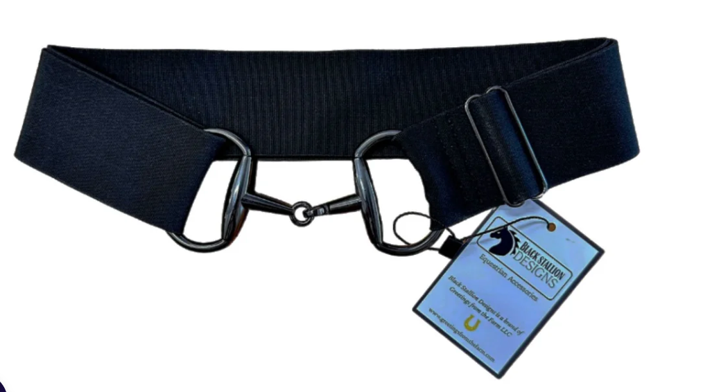 Adjustable black elastic nylon belt with a gun meatal colored metallic bit buckle 