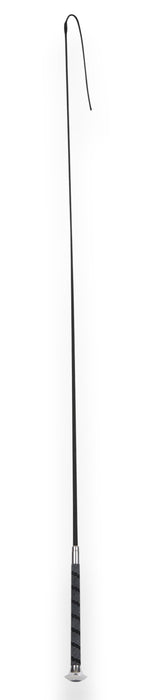A long black riding crop or whip with a textured black and gray grip handle and a silver metal tip, shown vertically on a plain white background.