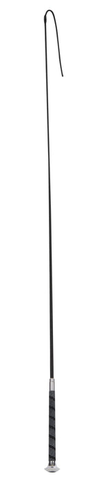 A long black riding crop with a curved tip and a textured black grip, shown vertically against a plain white background.