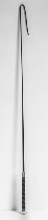 A long black riding crop with a curved hook end and a textured black grip, standing vertically against a plain light gray background.