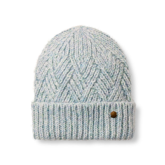 Knitted beanie with a sky blue and white pattern on a white background. A small Ariat logo button is sewn onto the brim.