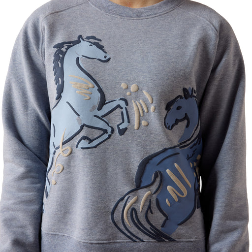 Gray sweatshirt with horse designs on a plain background