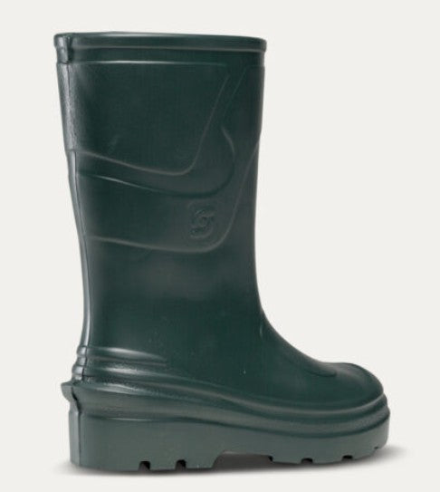 A dark forest green rubber rain boot with a chunky sole, shown from a side profile view against a light gray background.