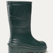 A dark forest green rubber rain boot with a chunky sole, shown from a side profile view against a light gray background.