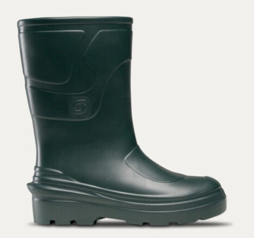 A dark forest green rubber rain boot with a chunky sole, shown from a side profile view against a light gray background.