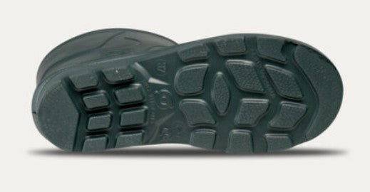A close-up of a dark green boot sole showing its tread pattern, photographed against a light gray background.