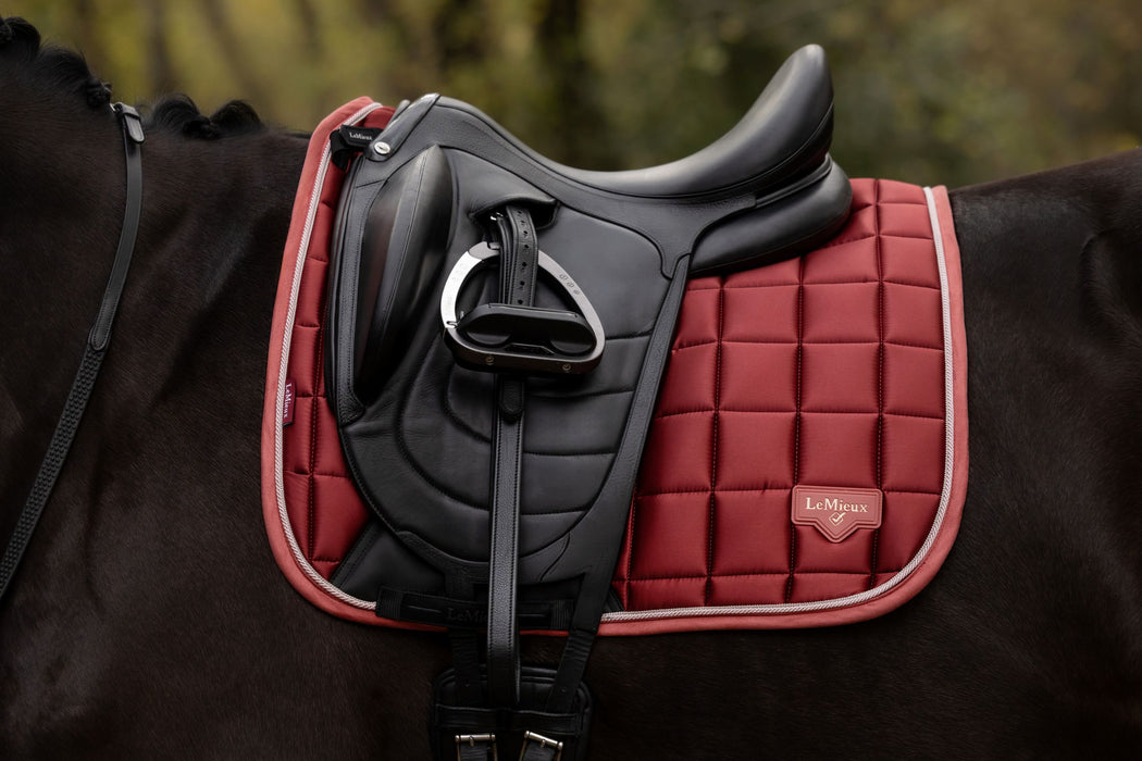 A close-up of an equestrian saddle with a red quilted saddle pad on a dark horse, featuring a small LeMieux logo patch on the pad.