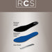 An informational product graphic for an insole, showing a black moisture control lining layer, a blue enhanced cushion layer, and a silver steel shank, with labels and the RCS logo at the top.