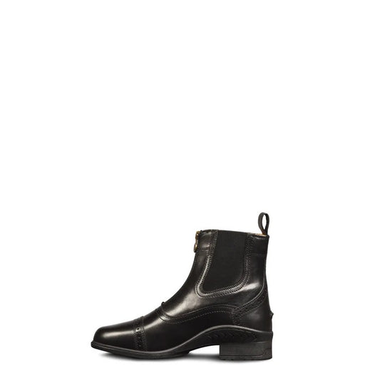 A black leather childs paddock riding boot with a low block heel, side gore, and pull loop, shown from a side profile on a plain white background.