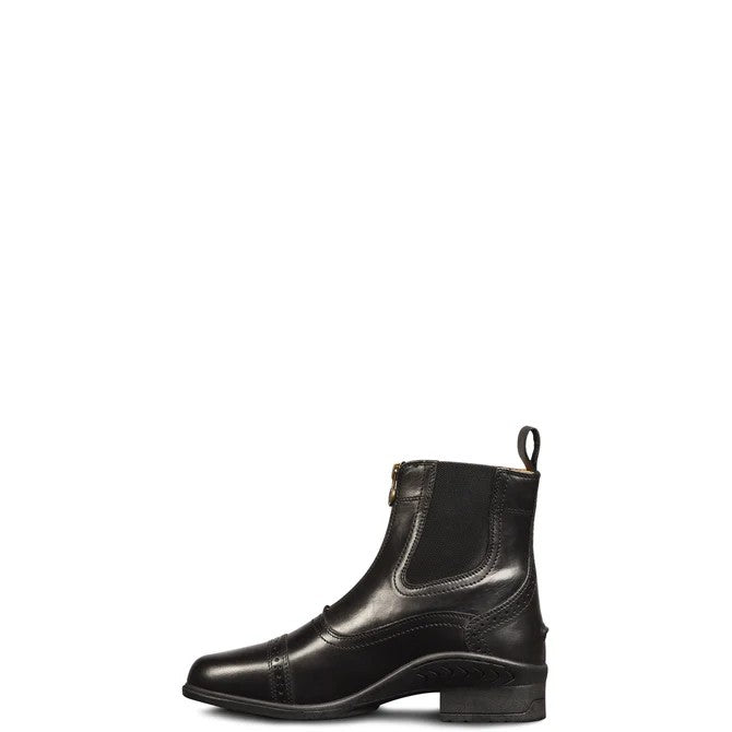 A black leather childs paddock riding boot with a low block heel, side gore, and pull loop, shown from a side profile on a plain white background.