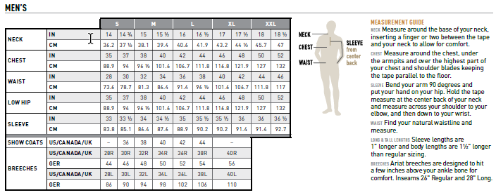 A sizing chart and measurement guide for men's clothing, showing a size table from XS to XXXL with chest, waist, hip, sleeve, and neck measurements, plus a measurement guide on the right.