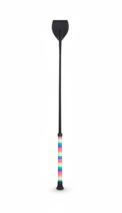 A black riding crop with a colorful striped handle, shown vertically against a plain white background.
