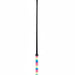 A black riding crop with a colorful striped handle, shown vertically against a plain white background.