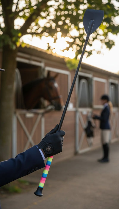 A close-up of a hand wearing a black glove and navy equestrian jacket holding a black riding crop with a colorful striped handle, set against a blurred background of an equestrian stable and a horse.