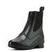 Side view of black leather riding boot with zipper closure and elastic at the ankle on a white background