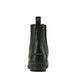 Rear View of black leather riding boot showing heel, spur rest and pull loop on white background