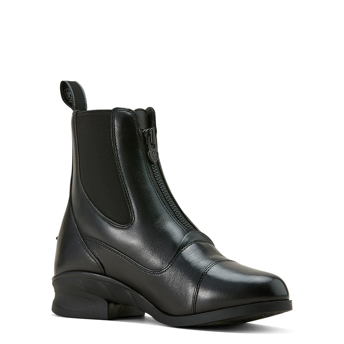 Black leather riding boot with zipper closure on a white background