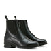 A pair of black leather riding boot with zipper closure and elastic at the ankle on a white background