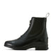 Inside view of black leather riding boot with zipper closure and elastic at the ankle on a white background