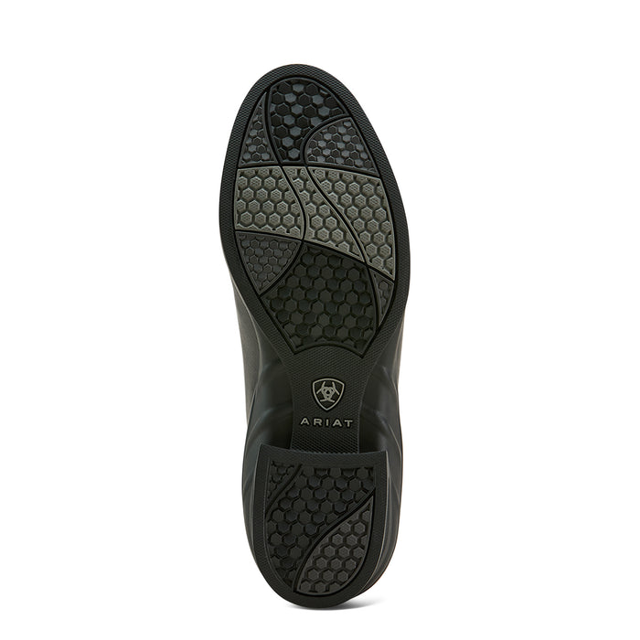 Sole of black leather riding boot with showing grip tread detail and manufacturer log on white background.