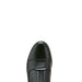 Rounded toe of black leather riding boot with portion of zipper closure and white background