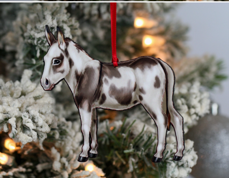 Spotted Gray and White Miniature Donkey Ornament Christmas