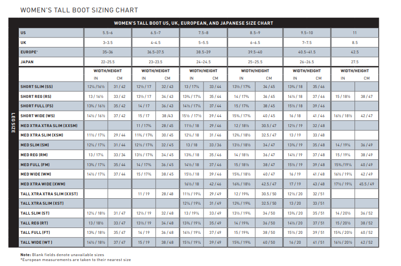 A size chart table titled 'Women's Tall Boot US, UK, European, and Japanese Size Chart' with rows for height, width, and boot size columns, presented in black text on a white background.