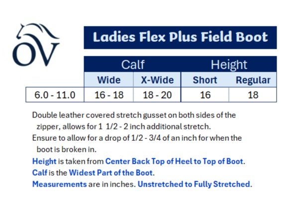 A sizing chart for the OV Ladies Flex Plus Field Boot, showing measurements for calf width (Wide, X-Wide), heel-to-boot height (Short, Regular), and calf height in inches for boot sizes 6.0 - 11.