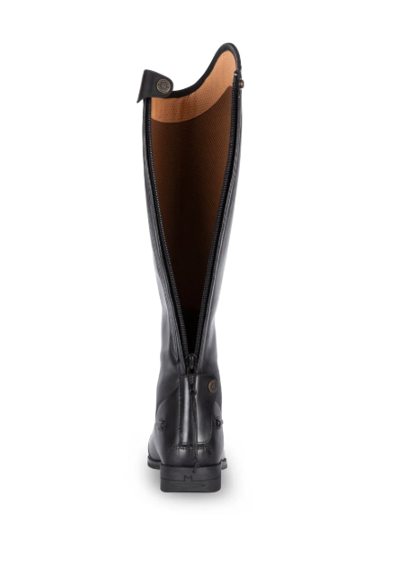 A black leather riding boot shown from the back, featuring a low block heel, a black leather pull tab, and a tan interior lining, set against a plain white background.