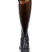 A black leather riding boot shown from the back, featuring a low block heel, a black leather pull tab, and a tan interior lining, set against a plain white background.