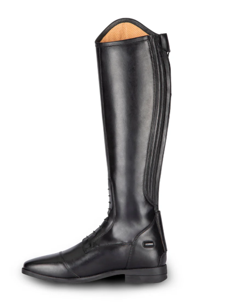 A single black leather tall riding boot shown in a side profile view against a plain white background.