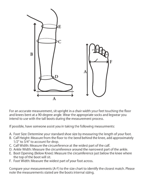 A measurement guide for tall boots showing labeled body measurement points on a foot and a full-length leg diagram, with text instructions for measuring foot size, calf height, calf width, ankle width, boot opening, and foot width.