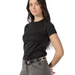 A woman modeling a black short-sleeve athletic t-shirt and gray riding breeches with a patterned belt, photographed against a solid white background.