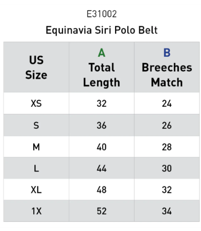 A size chart table for the Equinavia Siri Polo Belt, showing US sizes XS through 1X with total length measurements and breeches match values.
