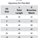 A size chart table for the Equinavia Siri Polo Belt, showing US sizes XS through 1X with total length measurements and breeches match values.