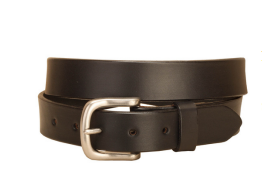 A black leather belt with a silver-tone metal buckle, coiled and presented on a clean white background.