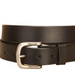 A black leather belt with a silver-tone metal buckle, coiled and presented on a clean white background.
